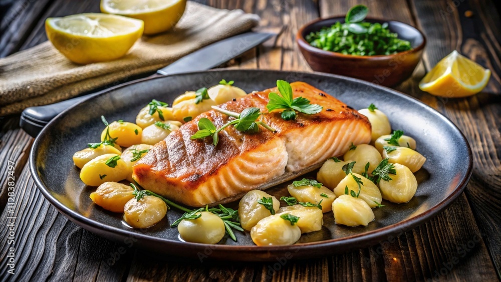 Seared salmon steak with gnocchi and lemon slices served on a black plate on a wooden table. Seared salmon steak with gnocchi and lemon slices served on a black plate on a wooden table.