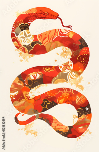 Red Snake with Golden Skin Ornament - Chinese New Year 2025 Zodiac Symbol in Traditional Oriental Asian Art Style