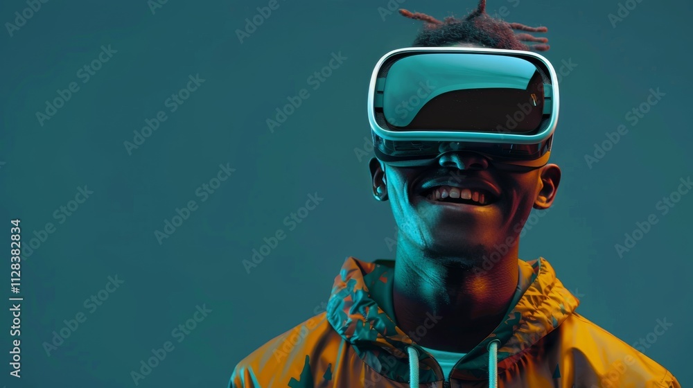 A young man wearing opaque virtual reality goggles, smiling with eyes open A young man wearing opaque virtual reality goggles, smiling with eyes open