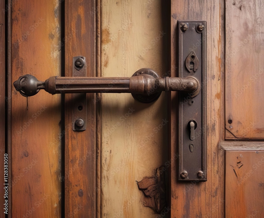 A worn and rusty door handle with a broken latch, neglect, worn, crumbling stones A worn and rusty door handle with a broken latch, neglect, worn, crumbling stones