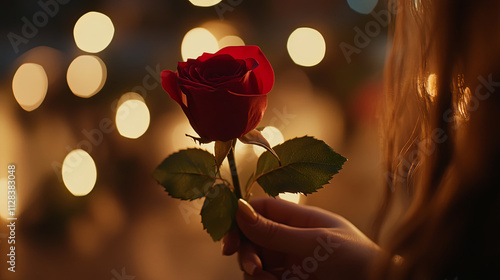 close up of hand holding single red rose with soft bokeh lights