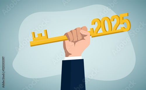 Key to new year's success, opportunity concept, businessman holding a key, setting and achieving goals, successful and ambitious entrepreneur.