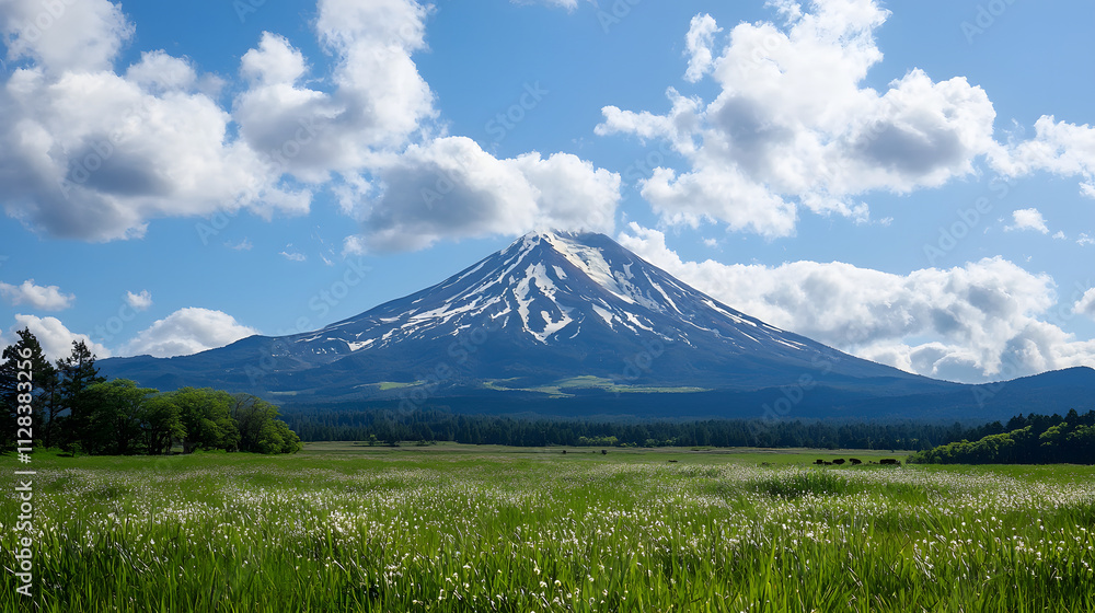 Majestic snow capped mountain under bright blue sky with fluffy clouds, surrounded by lush green fields and trees, creating serene landscape Majestic snow capped mountain under bright blue sky with fluffy clouds, surrounded by lush green fields and trees, creating serene landscape