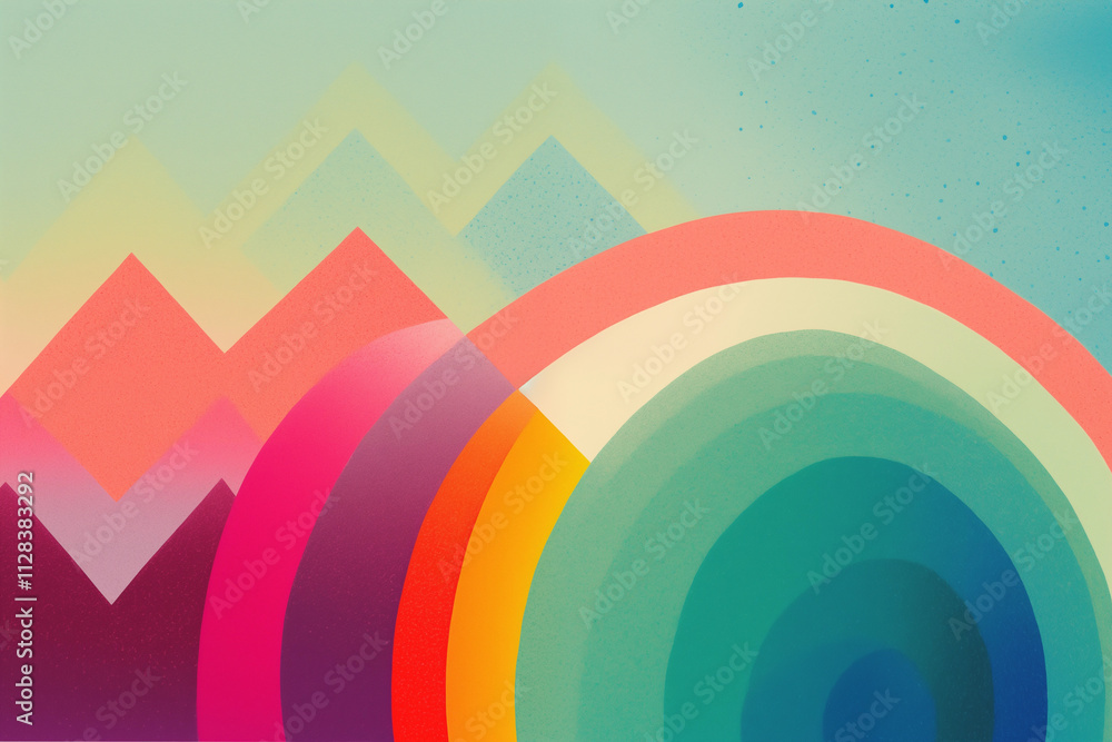 Obraz premium retro risograph abstract graphic curve pattern background rainbow texture colourful print