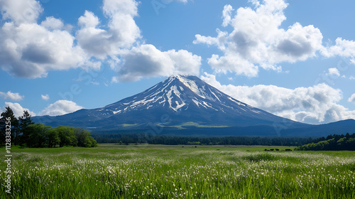 Majestic snow capped mountain under bright blue sky with fluffy clouds, surrounded by lush green fields and trees, creating serene landscape