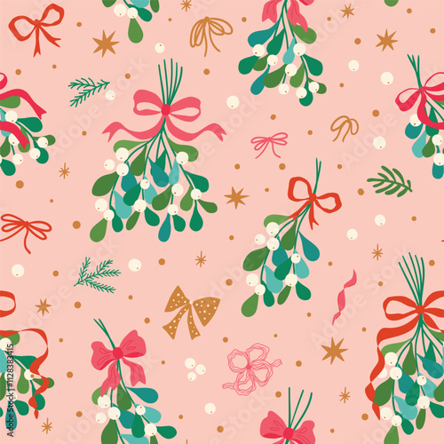 Pink Christmas mistletoe decorated bows, stars, ribbons. Cute coquette seamless pattern. Winter holiday botanical background, floral print, wallpaper, textile design. Vector hand drawn illustration.