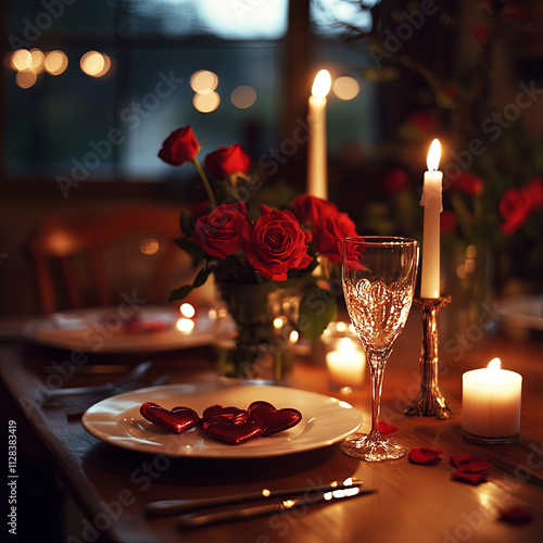 cozy candlelit dinner table set for two, adorned with red roses and hearts, creating romantic atmosphere