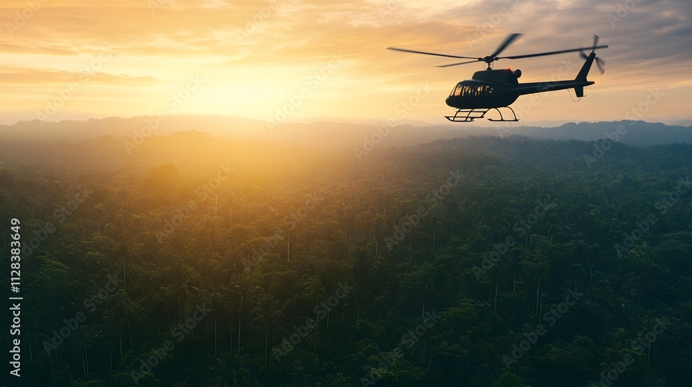 Fototapeta premium Aerial view of a helicopter flying above a dense lush tropical rainforest with sunlight filtering through the vibrant green foliage of the dense tree canopy creating a serene and scenic landscape