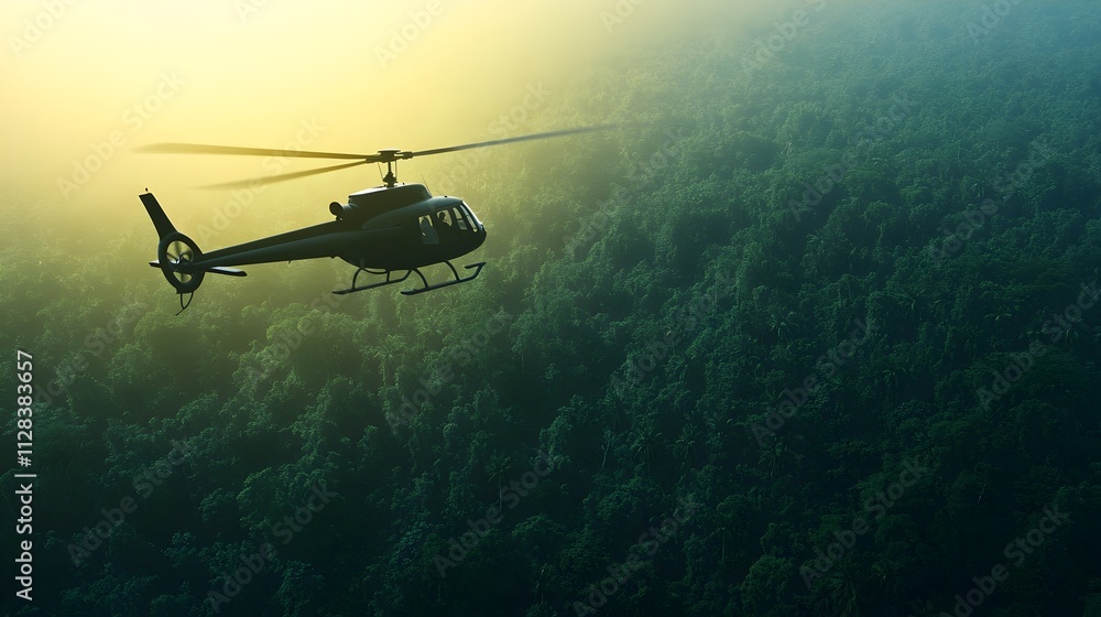 Fototapeta premium Helicopter Soaring High Above the Dense Lush Canopy of a Tropical Rainforest with Warm Sunlight Filtering Down Through the Vibrant Green Foliage Creating a Serene and Picturesque Scene