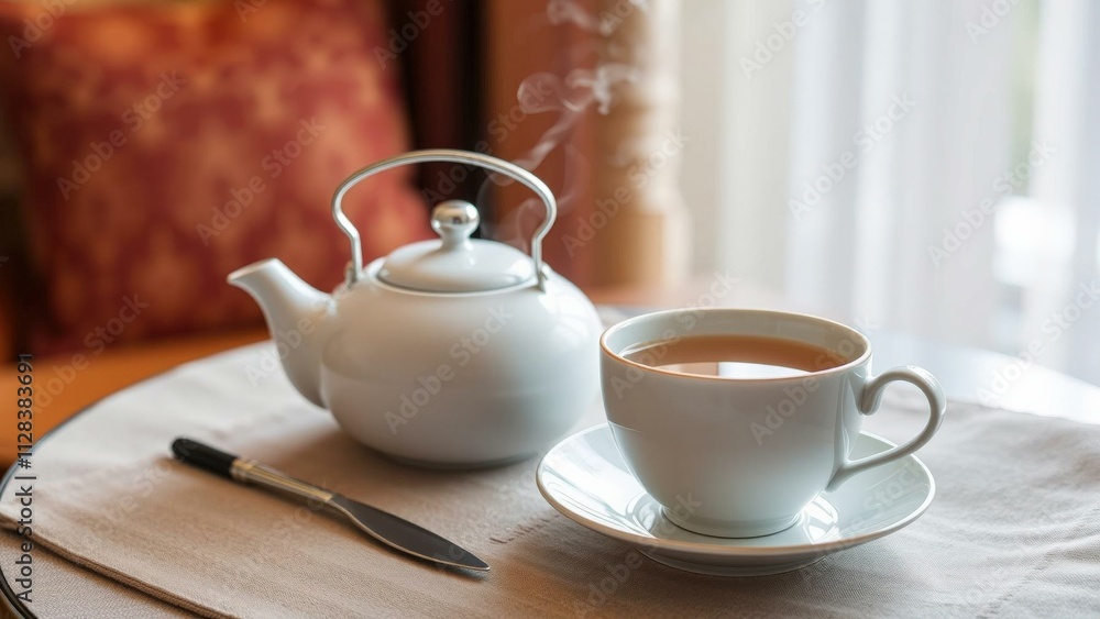 Cozy Morning Tea Time: A Warm and Inviting Scene with a Steaming Cup of Tea and a Teapot Cozy Morning Tea Time: A Warm and Inviting Scene with a Steaming Cup of Tea and a Teapot