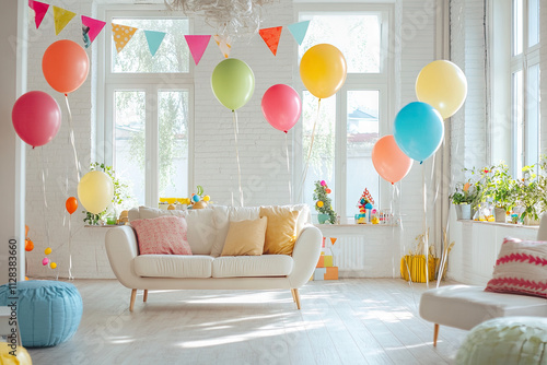 Birthday surprise moment as someone walks into a room filled with balloons and banners. Copyspace on the top. Natural daylight. Living room decorated with birthday themes.