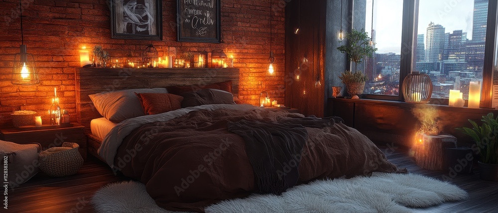 Cozy and Inviting Loft Bedroom with Brick Walls and Warm Lighting Cozy and Inviting Loft Bedroom with Brick Walls and Warm Lighting