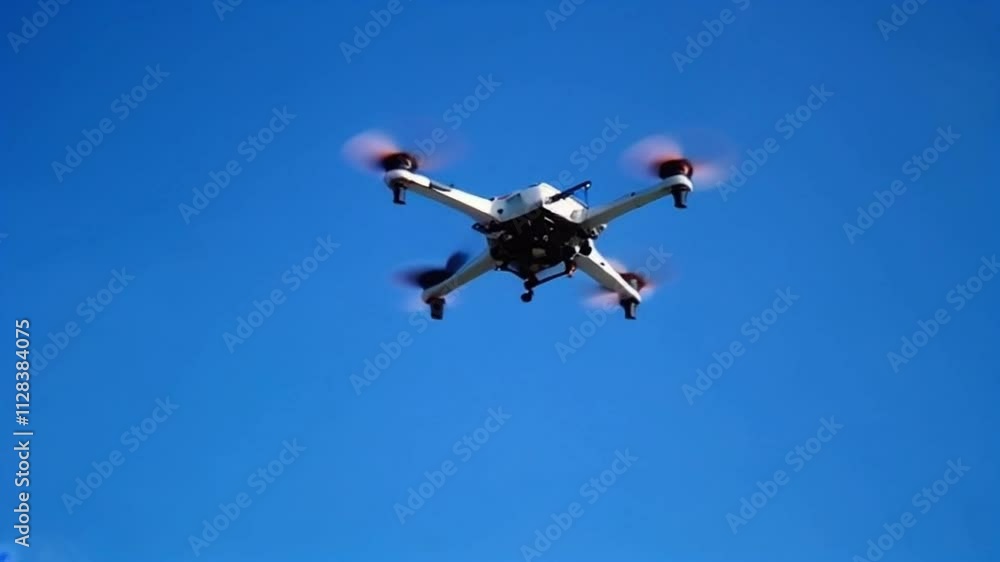Super slow motion of latest technology high tech drone is flying against blue sky Super slow motion of latest technology high tech drone is flying against blue sky
