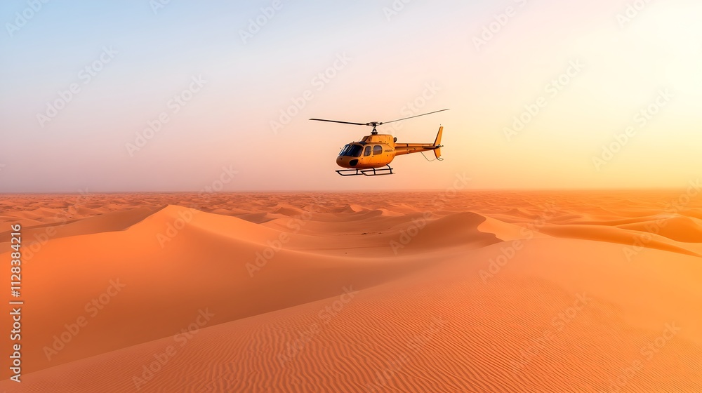 Aerial view of a helicopter patrolling over a vast arid desert landscape with sand dunes stretching into the horizon The remote expansive scene conveys a sense of isolation and Aerial view of a helicopter patrolling over a vast arid desert landscape with sand dunes stretching into the horizon The remote expansive scene conveys a sense of isolation and