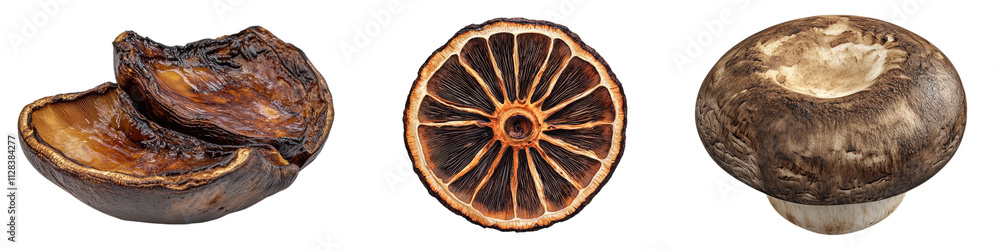 Roasted sliced mushroom isolated on transparent background, Set of Roasted sliced mushroom isolated on transparent background, Set of