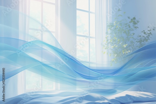 blue waves of fresh clean air in white bed room. Fresh scent and air filtration effect