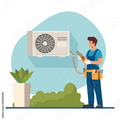 A flat design illustration of an air conditioning technician servicing an outdoor AC unit.