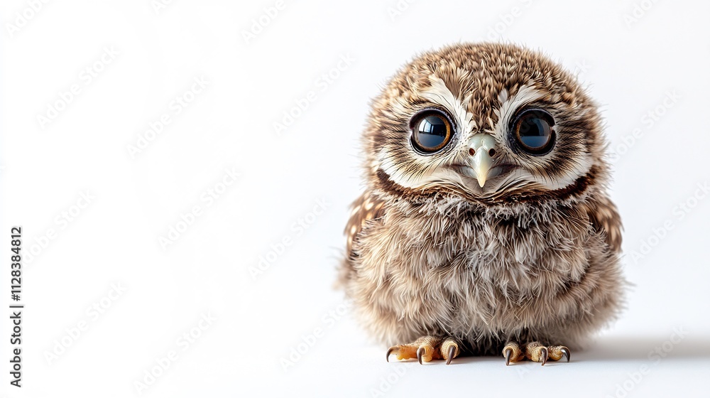 Surprised baby owl big eyes fluffed feathers looking startled isolated on white background Surprised baby owl big eyes fluffed feathers looking startled isolated on white background