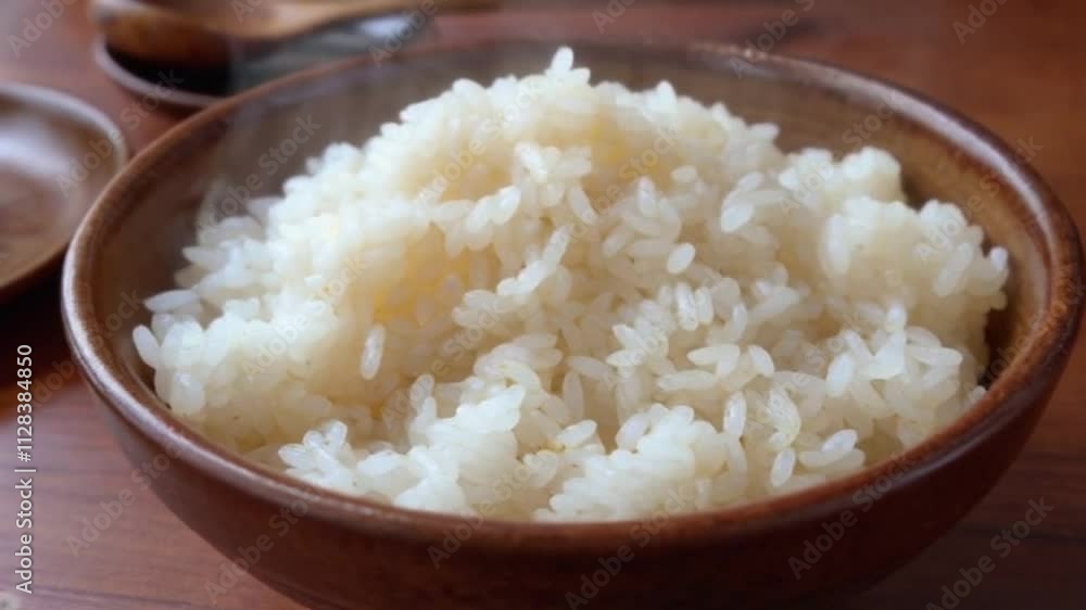Hot white cooked rice steam bowl kitchen background mixed wooden spoon. Sticky rice after cooked. Asian Chinese Thai Japanese Indian traditional meal. Healthy antioxidant nature vegan food Hot white cooked rice steam bowl kitchen background mixed wooden spoon. Sticky rice after cooked. Asian Chinese Thai Japanese Indian traditional meal. Healthy antioxidant nature vegan food