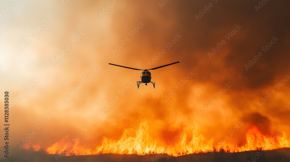 Aerial view of a helicopter hovering above a raging wildfire with emergency teams and firefighters working tirelessly to combat the blaze below Aerial view of a helicopter hovering above a raging wildfire with emergency teams and firefighters working tirelessly to combat the blaze below