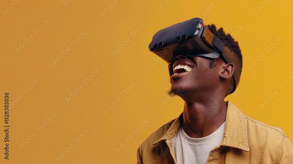 A young man wearing opaque virtual reality goggles, tilting head with a smile