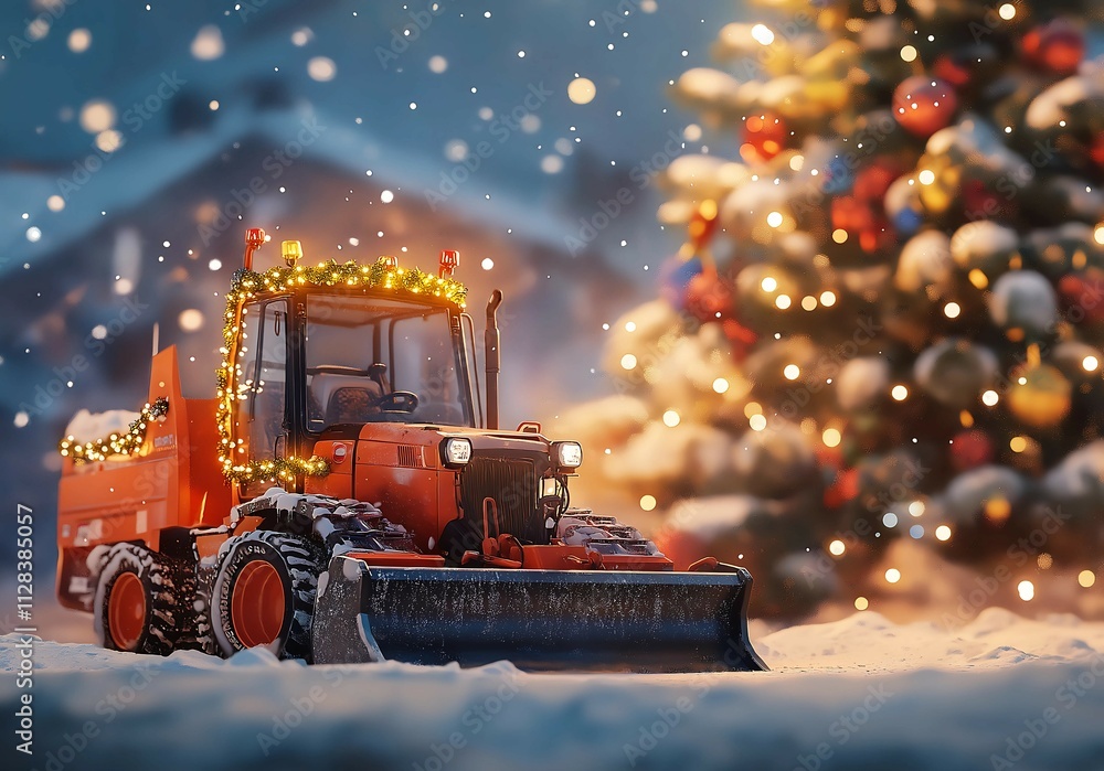 A snow-clearing orange tractor wrapped in Christmas garlands and twinkling lights, surrounded by snowfall, creates a warm holiday ambiance in a winter wonderland. A snow-clearing orange tractor wrapped in Christmas garlands and twinkling lights, surrounded by snowfall, creates a warm holiday ambiance in a winter wonderland.