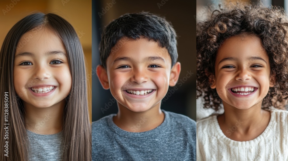 Closeup of three diverse kids, a South Asian girl with long straight hair and a warm smile, a Black boy with a playful expression and short hair Closeup of three diverse kids, a South Asian girl with long straight hair and a warm smile, a Black boy with a playful expression and short hair