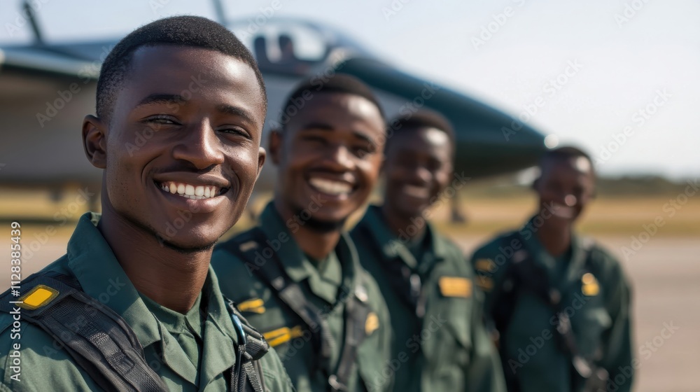 African pilots, from cadets to seasoned captains, smiling in uniforms with aircraft in the background African pilots, from cadets to seasoned captains, smiling in uniforms with aircraft in the background