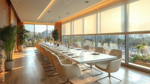 a long rectangular white table with white chairs positioned around the edges and a white tableclot photo