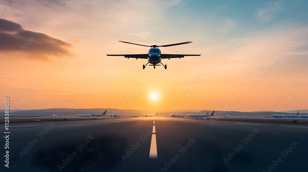 Aerial view of a busy international airport with a helicopter soaring overhead planes taxiing along the runway and the airport terminal and facilities visible in the background Aerial view of a busy international airport with a helicopter soaring overhead planes taxiing along the runway and the airport terminal and facilities visible in the background