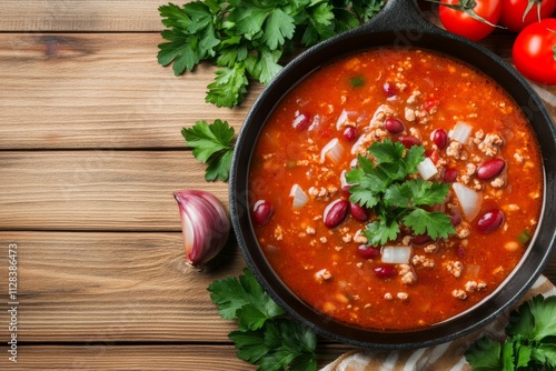  Una sartén llena de sopa de frijoles y tomate, decorada con perejil fresco y acompañada de dientes de ajo y tomates.

 photo