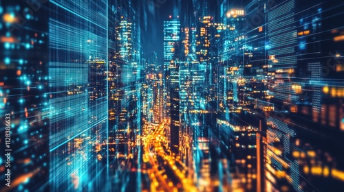 Wallpaper Mural Holographic city at night, neon-lit digital streets, transparent skyscrapers, floating data hubs, high-tech surveillance, vibrant futuristic atmosphere  Torontodigital.ca