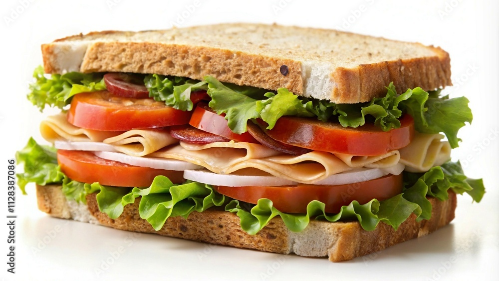 Turkey sandwich with fresh ingredients served on a white background, simple and tasty meal. Turkey sandwich with fresh ingredients served on a white background, simple and tasty meal.