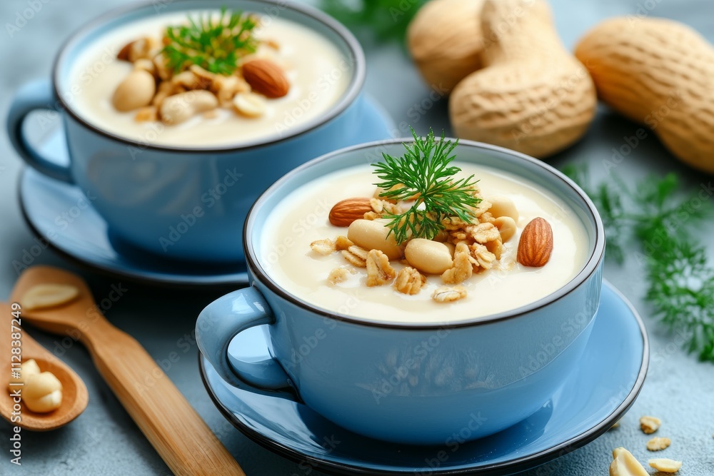 Tazas de crema de sopa adornadas con cacahuetes, almendras y un toque de eneldo fresco.
Tazas de crema de sopa adornadas con cacahuetes, almendras y un toque de eneldo fresco.