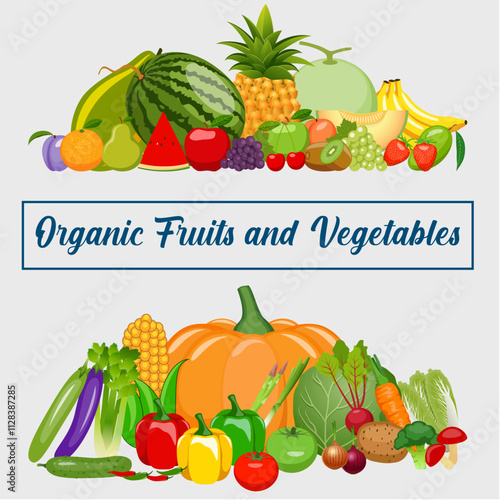 Fresh organic fruits and vegetables. Vector illustration