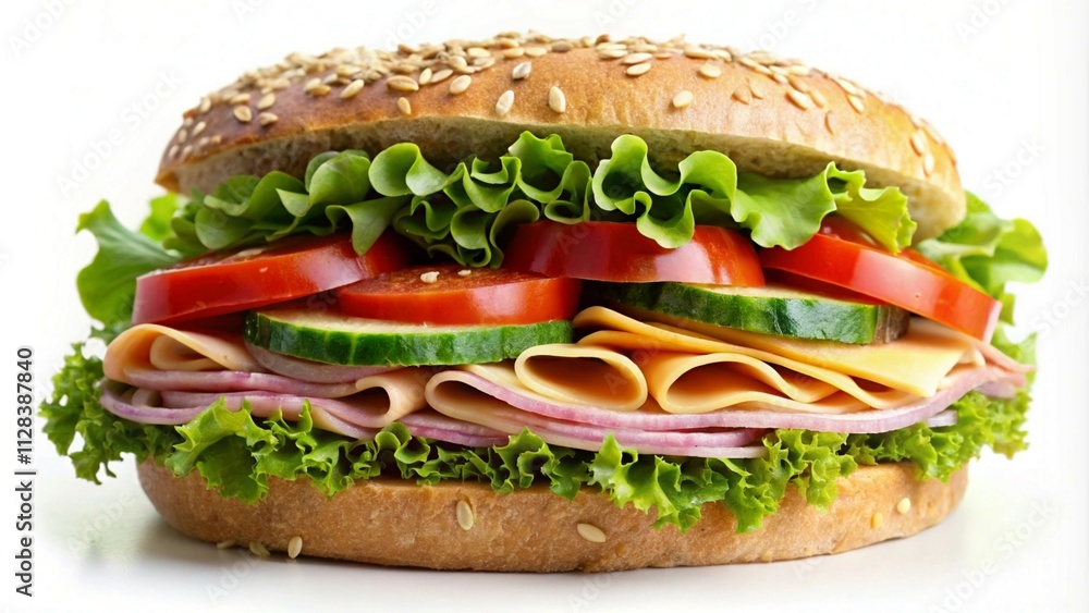Turkey sandwich with fresh ingredients served on a white background, simple and tasty meal. Turkey sandwich with fresh ingredients served on a white background, simple and tasty meal.