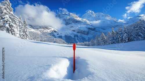 a red swiss train running through the snow switzerlan photo