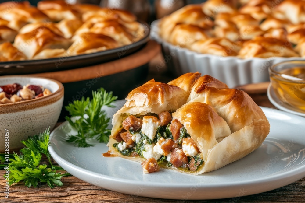 Empanada rellena de pollo, espinacas y queso, acompañada de miel y frutos secos.
Empanada rellena de pollo, espinacas y queso, acompañada de miel y frutos secos.