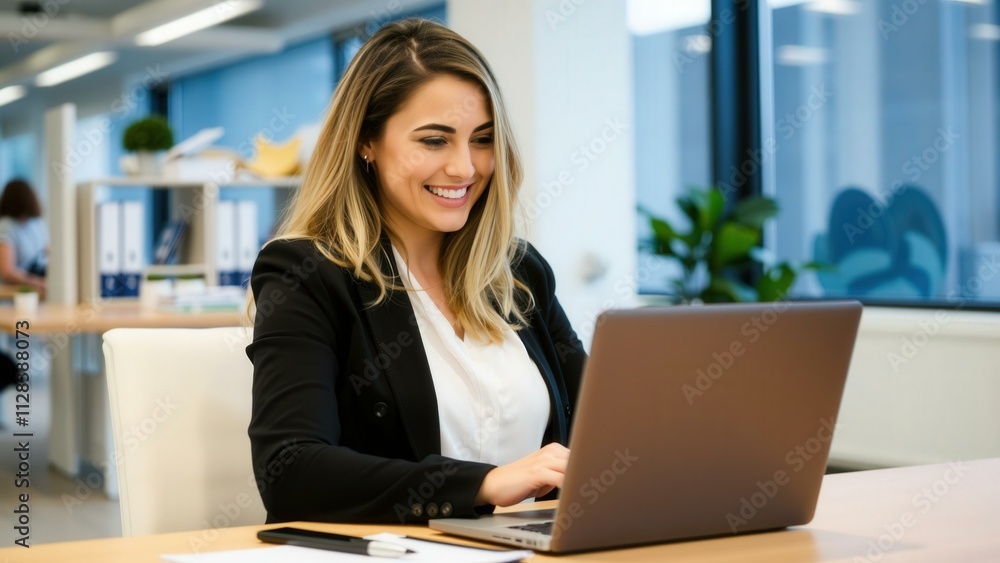 Professional Businesswoman Working on Laptop in Modern Office Professional Businesswoman Working on Laptop in Modern Office