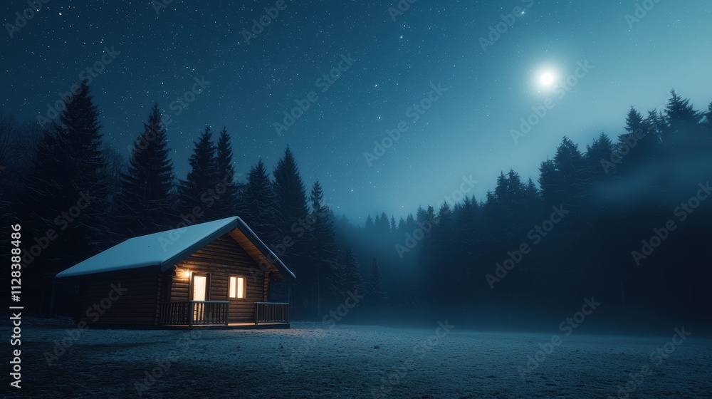 Serene Alpine Getaway: Cozy Cabin in Snowy Pine Forest Bathed in Moonlight Serene Alpine Getaway: Cozy Cabin in Snowy Pine Forest Bathed in Moonlight