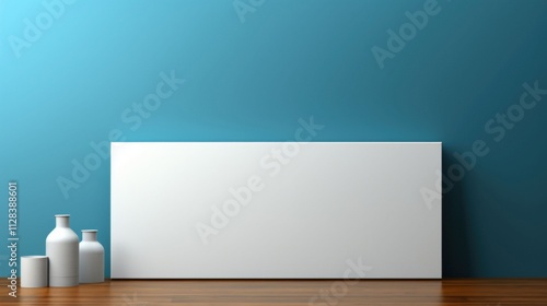 A white wall with a blue background and a white box on it