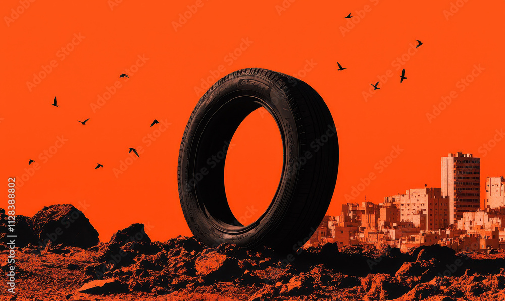 Exploring Urban Landscapes: A Surreal Contrast of a Solitary Tire Against a Modern City Skyline at Sunset Exploring Urban Landscapes: A Surreal Contrast of a Solitary Tire Against a Modern City Skyline at Sunset