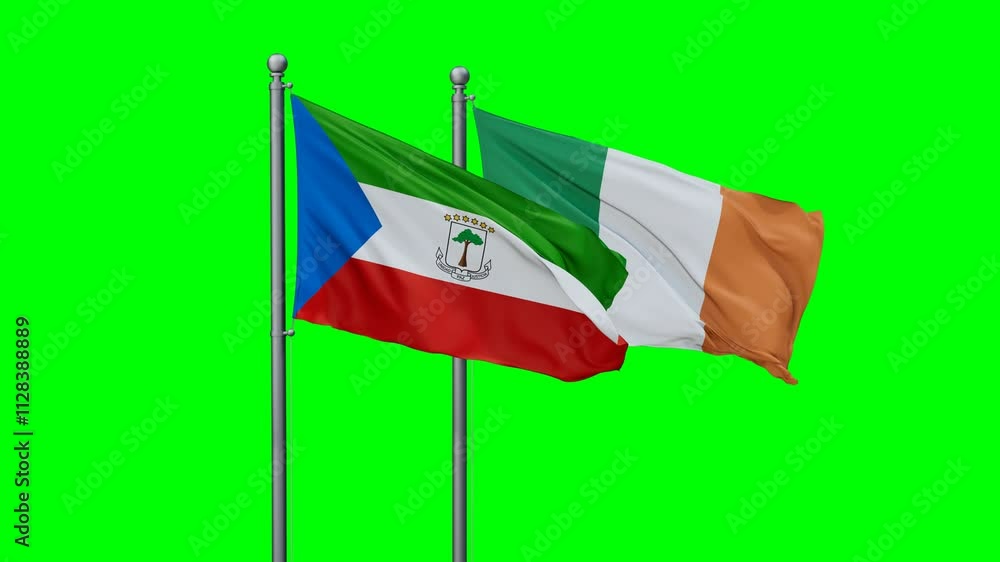 Ireland and Equatorial Guinea flags flying together, video concept of the relationship with colored chroma key for easy background remove Ireland and Equatorial Guinea flags flying together, video concept of the relationship with colored chroma key for easy background remove