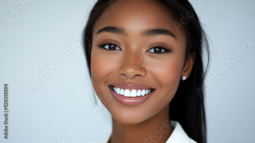 Woman with a smile on her face. She has a nice smile and her teeth are white