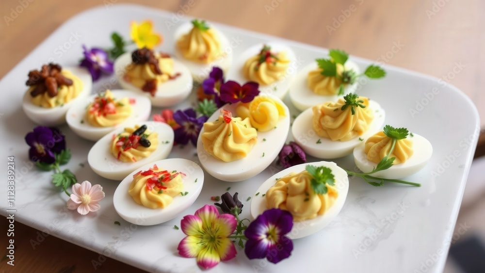 Elegant Deviled Eggs with Edible Flowers: Perfect for Gourmet Parties and Festive Occasions Elegant Deviled Eggs with Edible Flowers: Perfect for Gourmet Parties and Festive Occasions