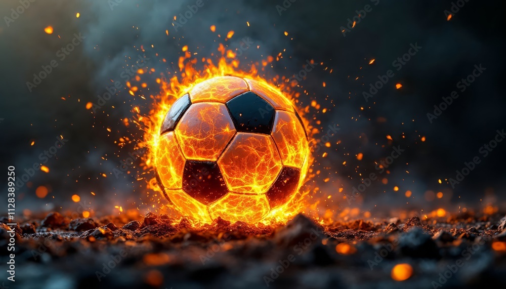 Fototapeta premium Explosive Soccer Ball Action Fiery Field Dynamic Sports Content Intense Environment Close-Up View Energy and Motion Concept