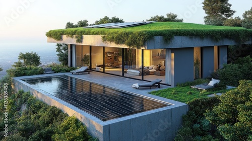 a single family home s roof with a heat pump and solar panels mounted on it as well as a grassy green roof covering the garage rende photo