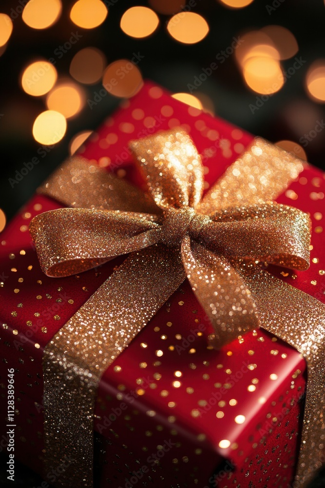 Christmas Celebration Gift Box Festive Atmosphere Closeup Photography Holiday Environment Glowing Viewpoint Red and Gold Concept Christmas Celebration Gift Box Festive Atmosphere Closeup Photography Holiday Environment Glowing Viewpoint Red and Gold Concept