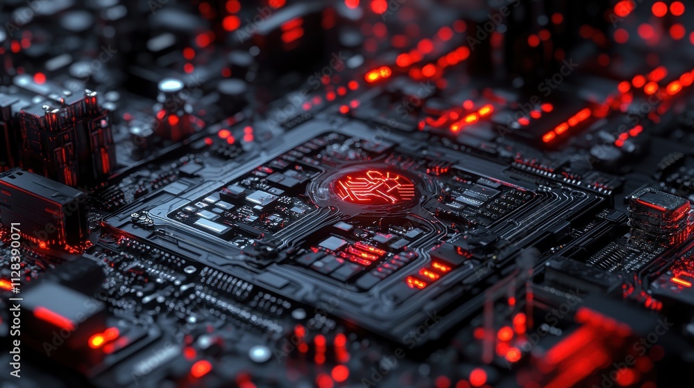 Futuristic Circuit Board with Glowing Red Lights Futuristic Circuit Board with Glowing Red Lights
