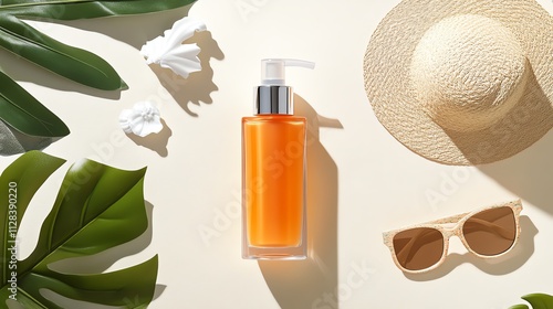 A liquid body bronzer bottle with a pump, surrounded by beachthemed props photo